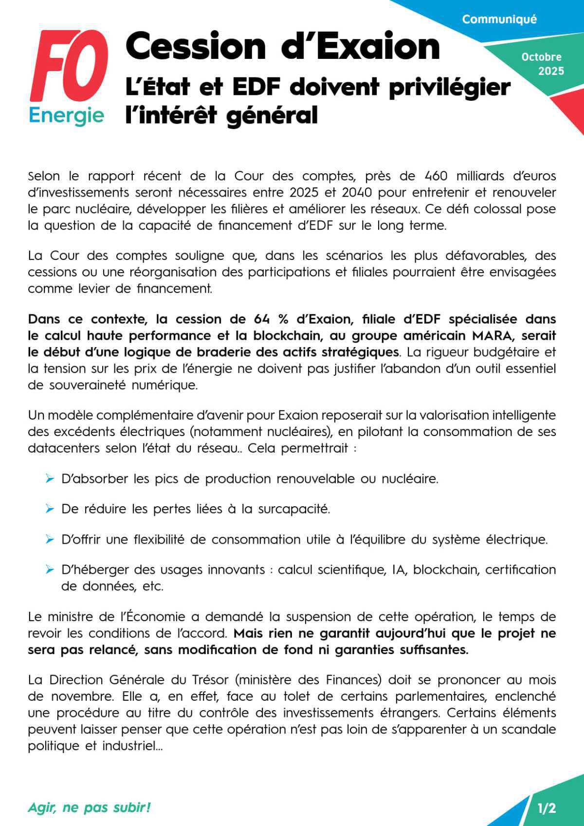 Cession d’Exaion - L’État et EDF doivent privilégier l’intérêt général