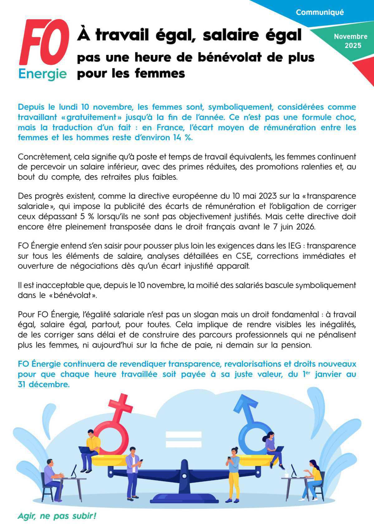 À travail égal, salaire égal - Pas une heure de bénévolat de plus pour les femmes