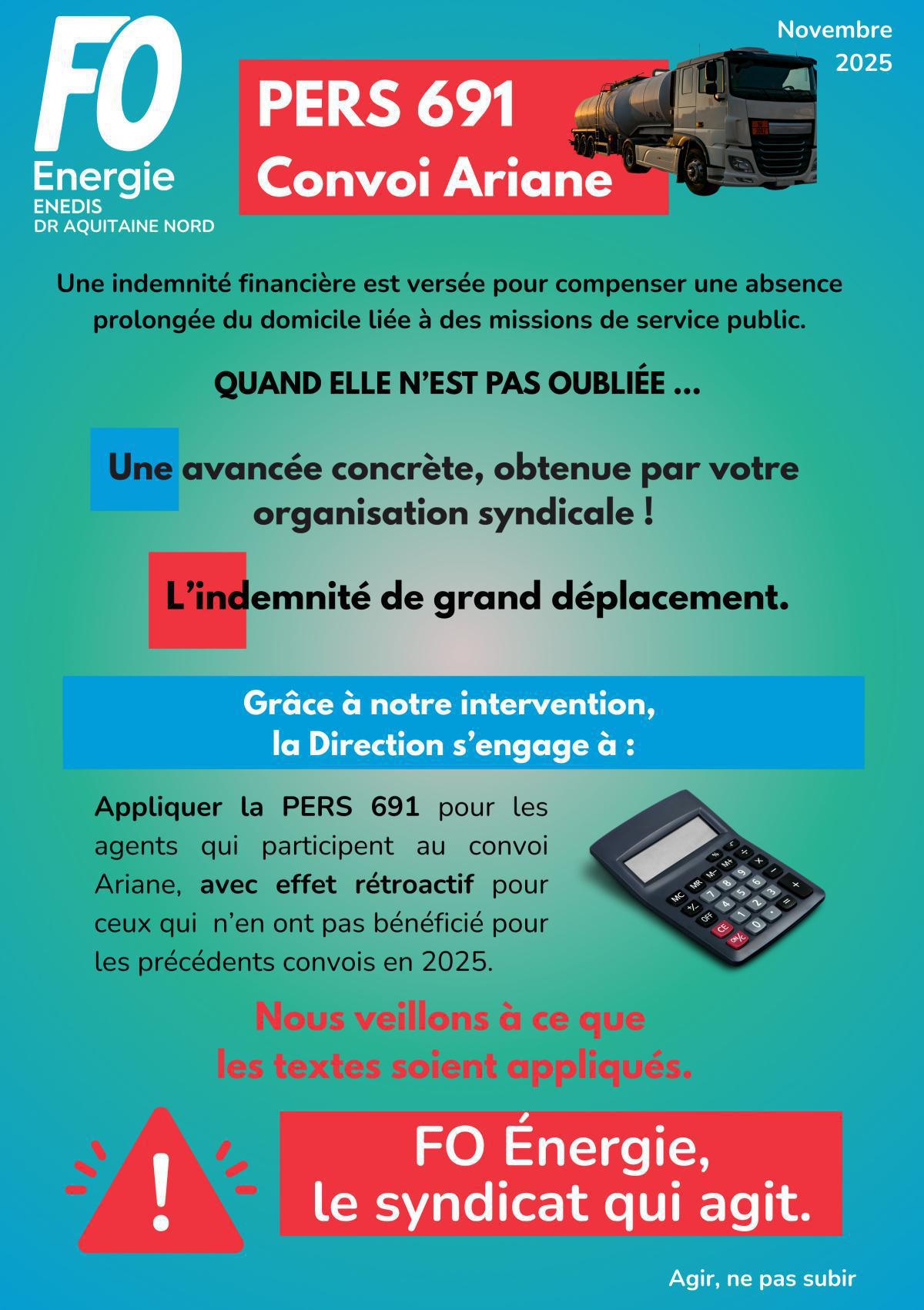 [FO Énergie AQN] PERS 691 Indemnité de grand déplacement - Convoi Ariane