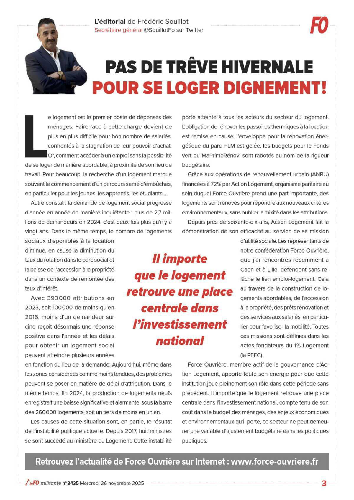 L’édito de Frédéric Souillot - Pas de trêve hivernale pour se loger dignement !