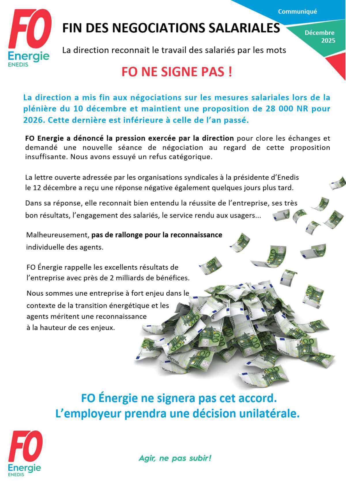 [Enedis] Fin des négociations salariales - La direction reconnait le travail des salariés par les mots - FO ne signe pas !