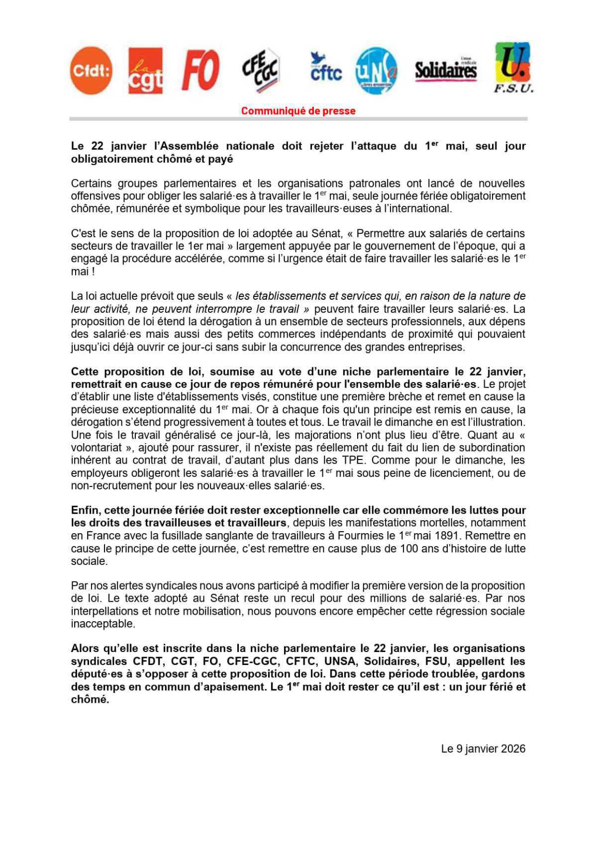 CP intersyndical - Le 22 janvier l’Assemblée nationale doit rejeter l’attaque du 1er mai, seul jour obligatoirement chômé et payé