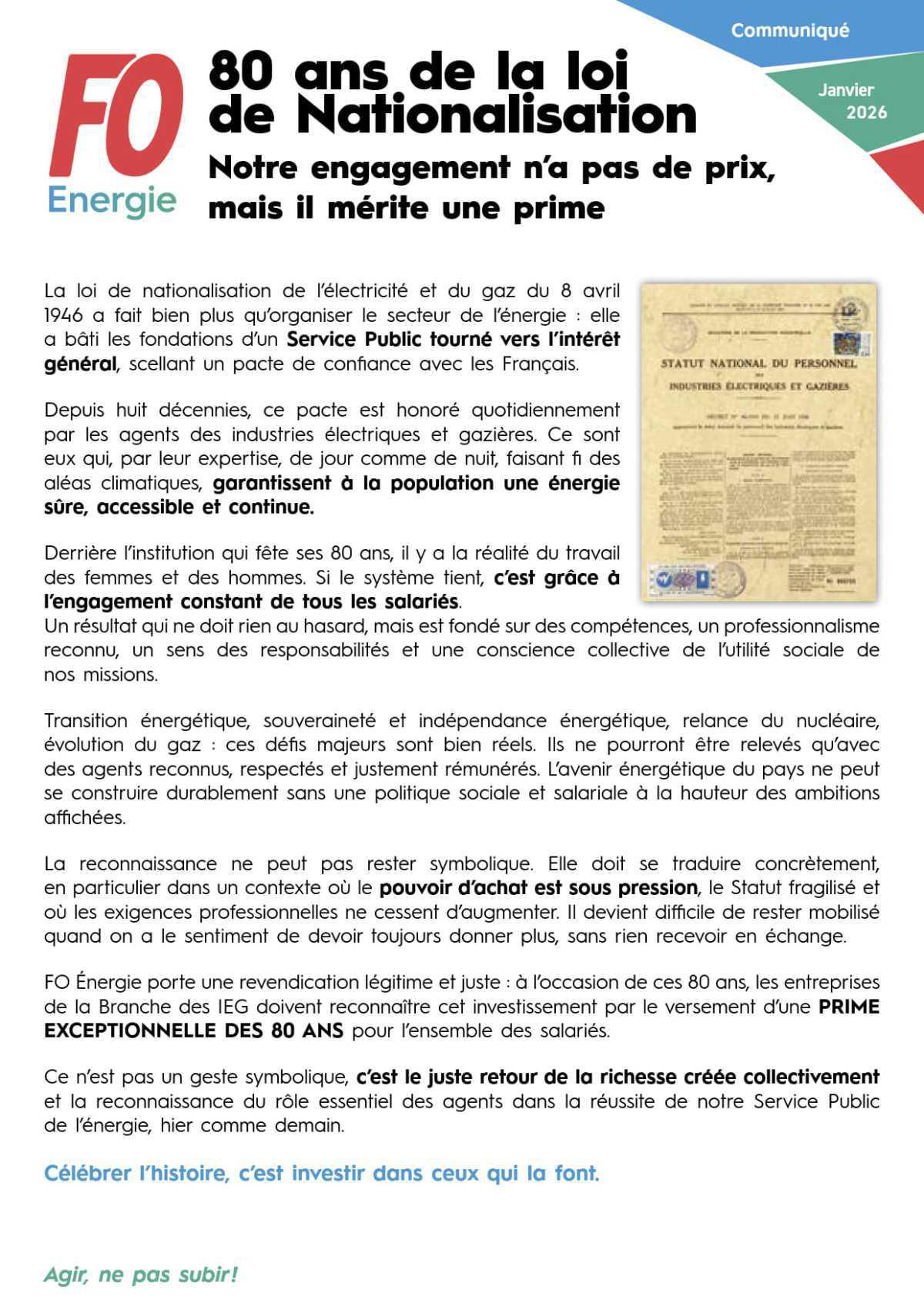 80 ans de la loi de Nationalisation - Notre engagement n’a pas de prix, mais il mérite une prime