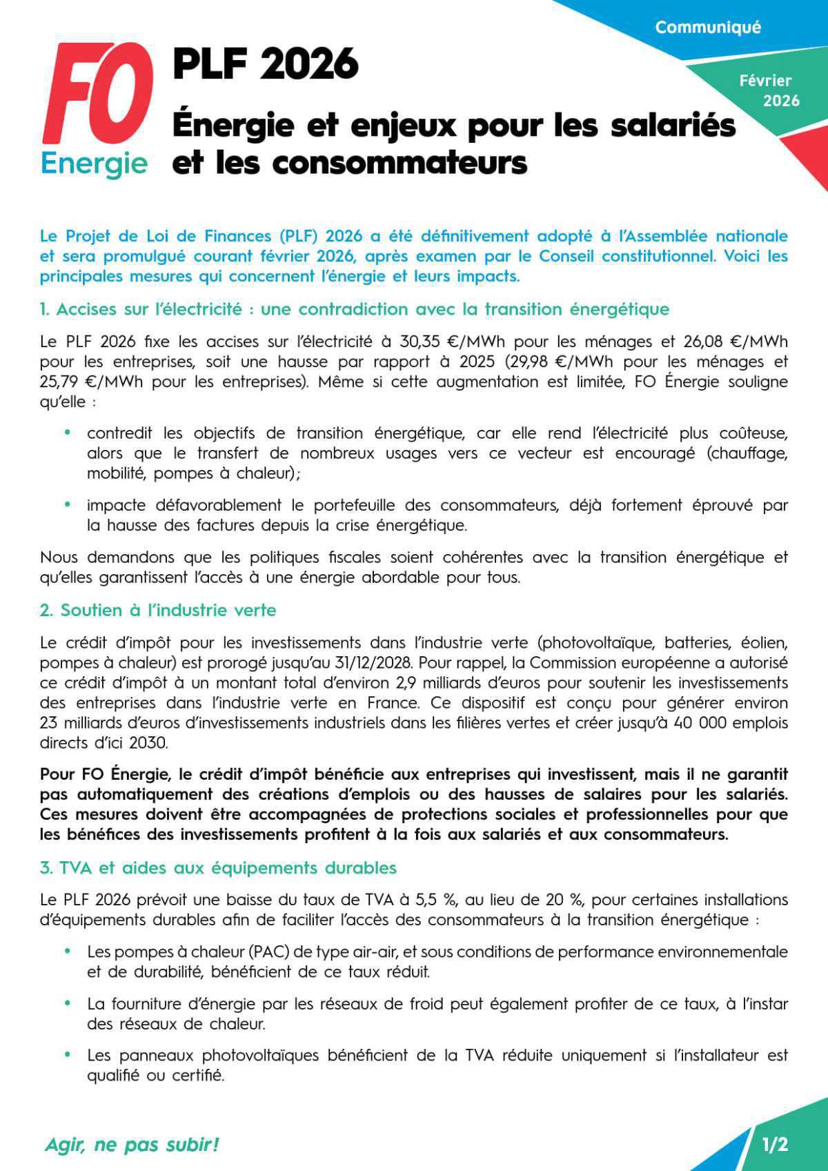 PLF 2026 - Énergie et enjeux pour les salariés et les consommateurs