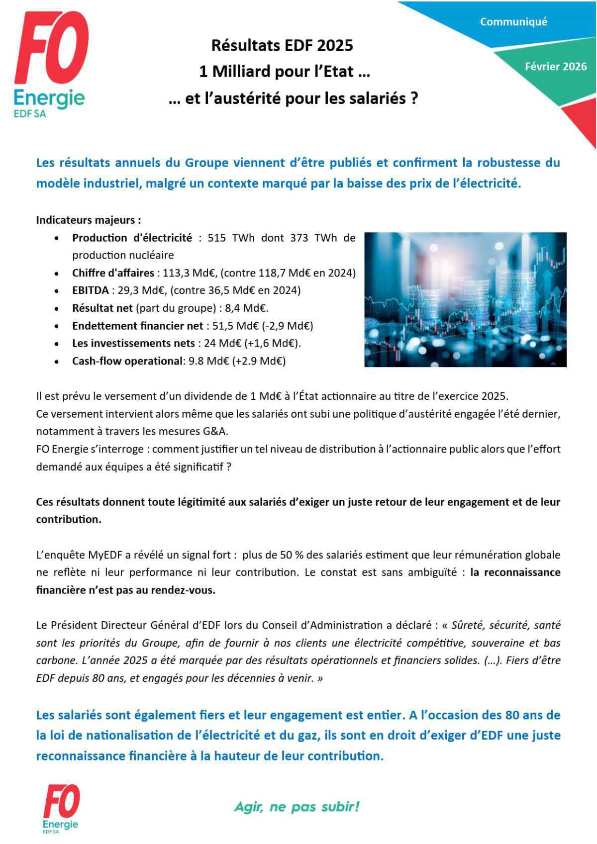 [EDF SA] Résultats EDF 2025 – 1 Milliard pour l’État… et l’austérité pour les salariés ?