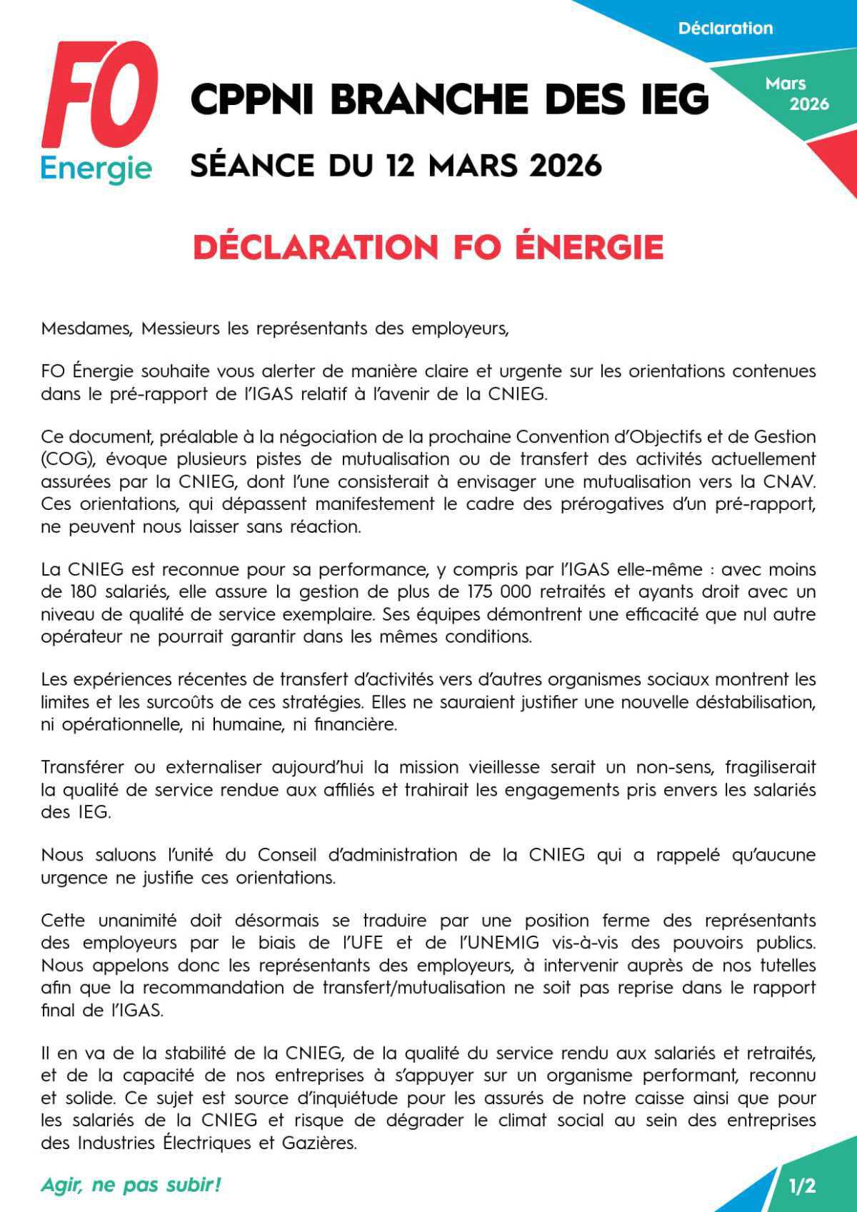 CPPNI Branche des IEG - Séance du 12 mars 2026