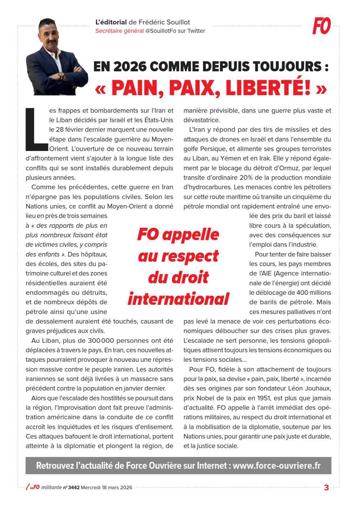 L’édito de Frédéric Souillot – En 2026 comme depuis toujours : « pain, paix, liberté ! »