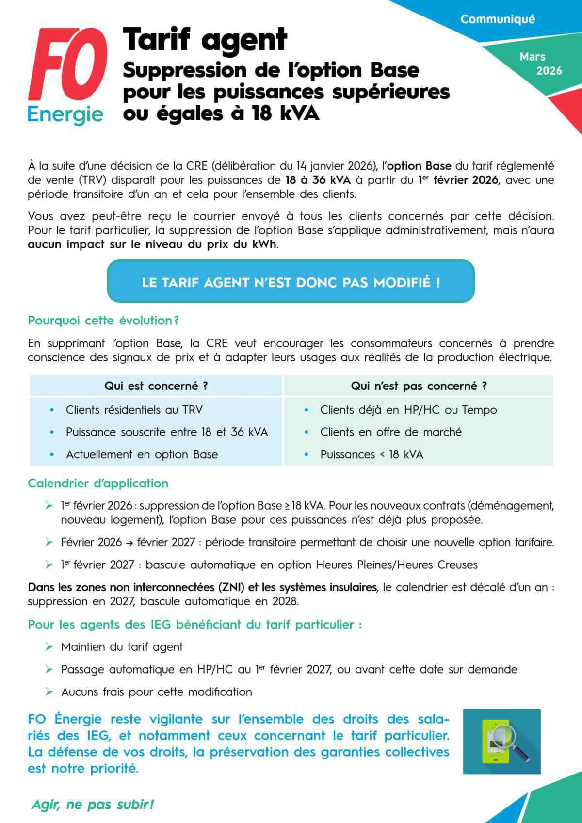 Tarif agent : suppression de l’option Base pour les puissances supérieures ou égales à 18 kVA