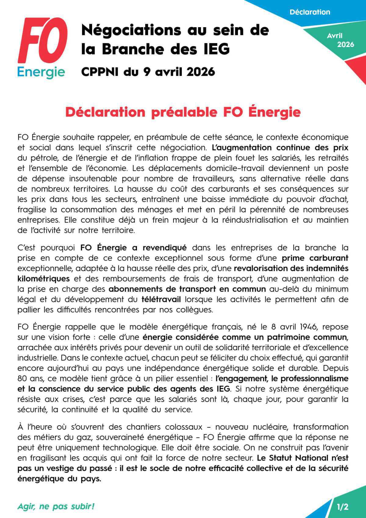 CPPNI du 9 avril 2026 – Négociations au sein de la Branche des IEG - Déclaration 