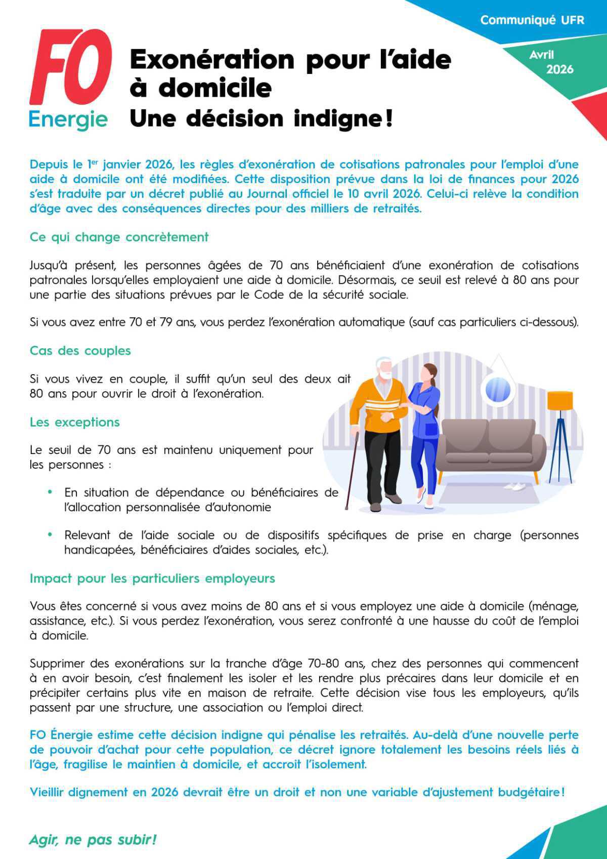 [UFR] Retraités – Exonération pour l’aide à domicile : une décision indigne !