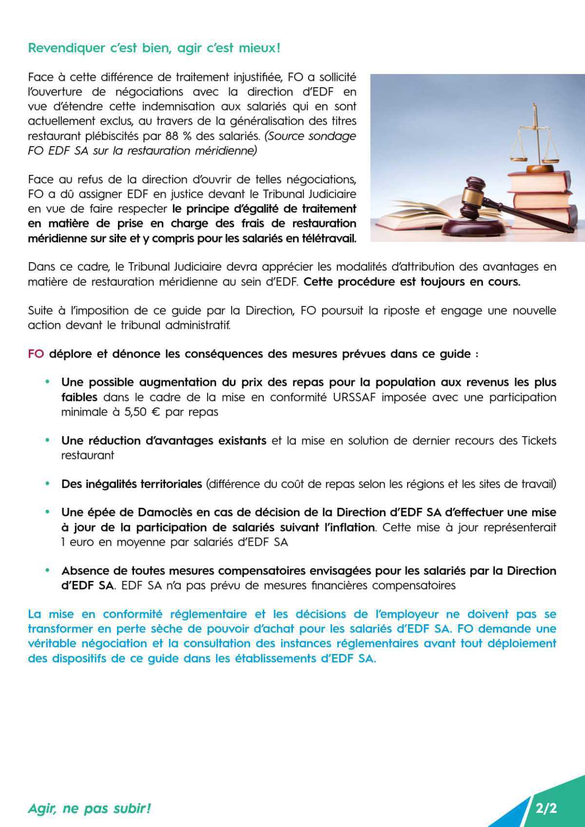 [EDF SA] Restauration méridienne – EDF agit en catimini, FO riposte en justice !