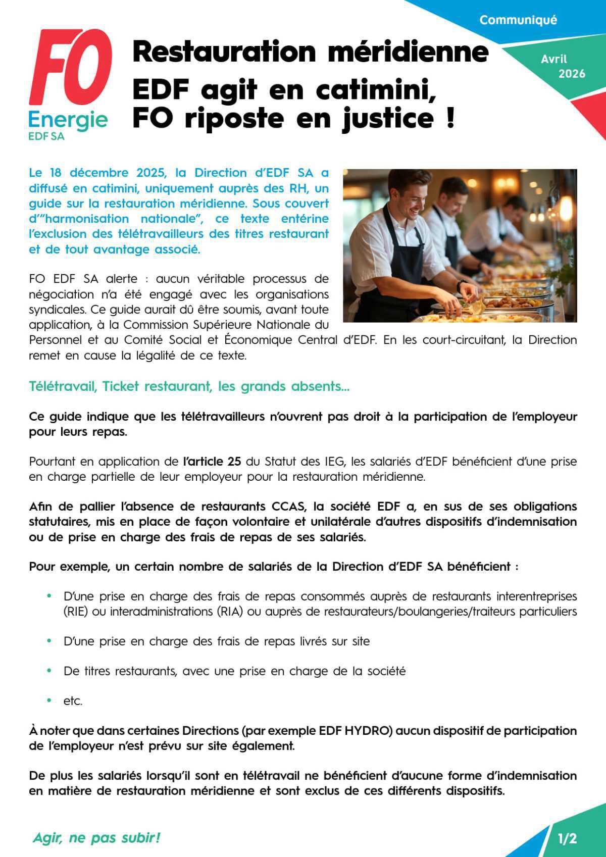 [EDF SA] Restauration méridienne – EDF agit en catimini, FO riposte en justice !