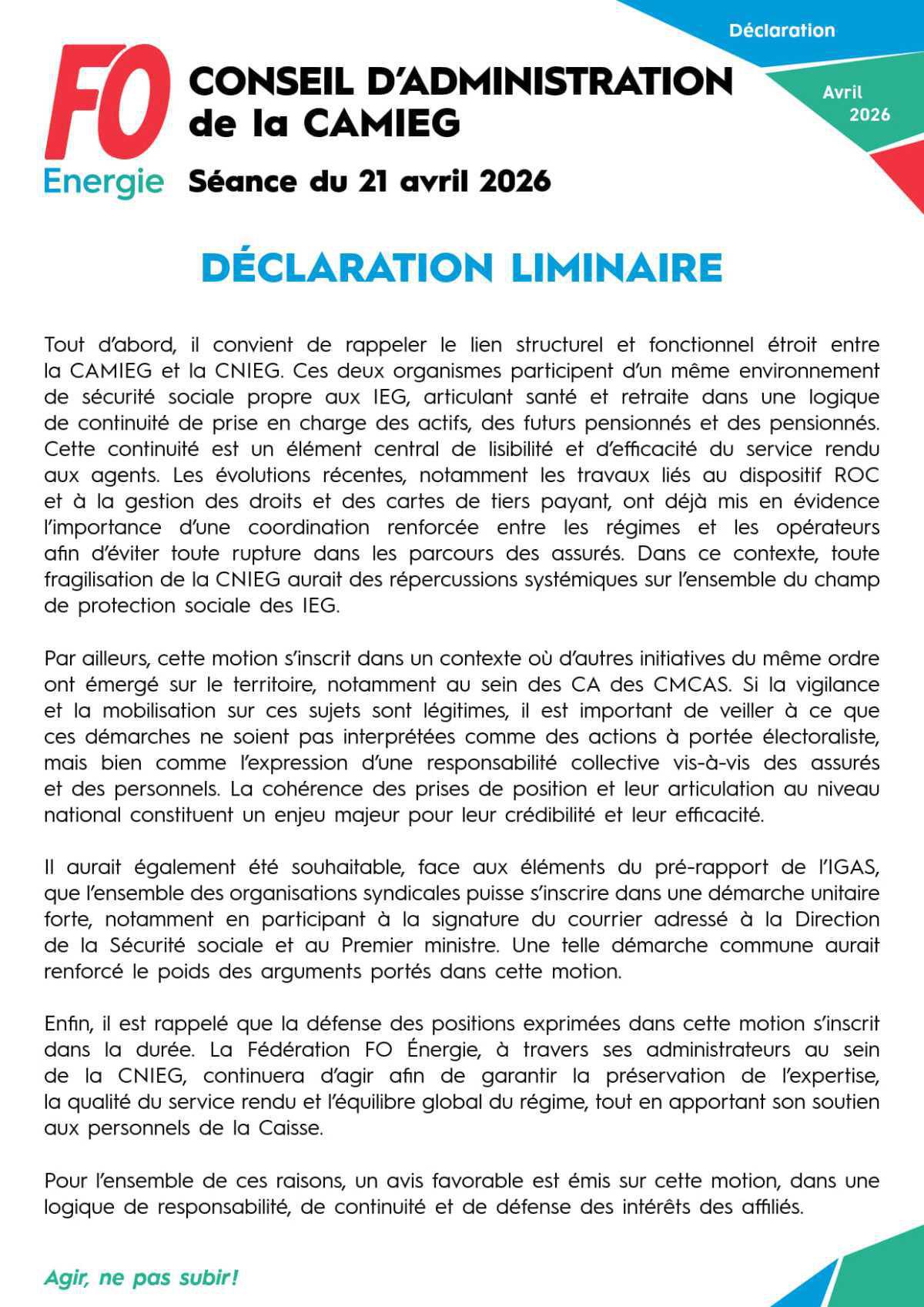 [ CAMIEG ] Conseil d’Administration de la CAMIEG – Séance du 21 avril 2026 - Déclaration Liminaire