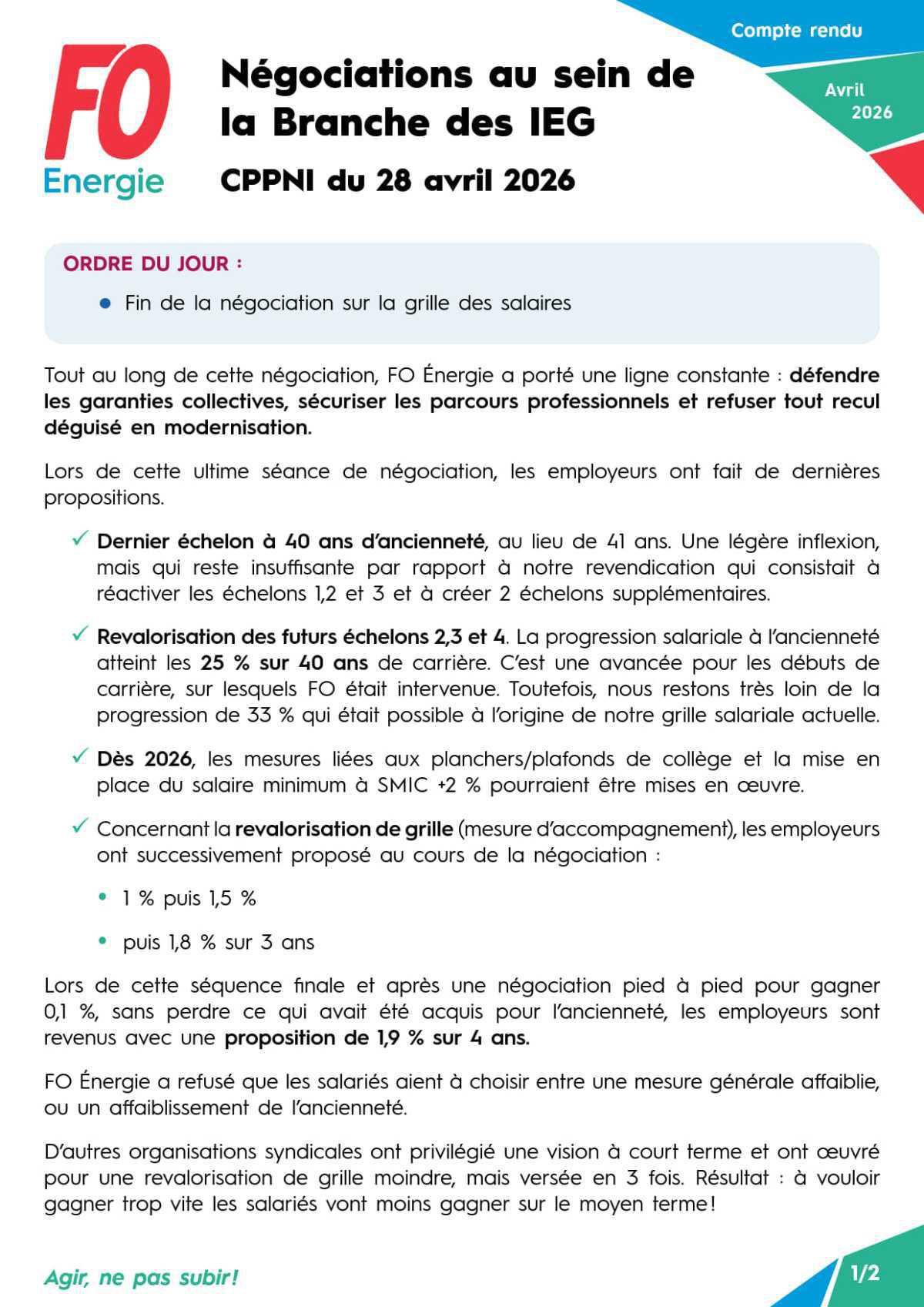 CPPNI Branche des IEG - Séance du 28 avril - Négociations au sein de la Branche des IEG