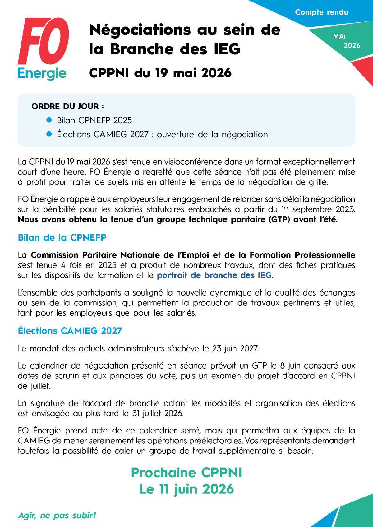 CPPNI Branche des IEG - Séance du 19 mai 2026 - Négociations au sein de la Branche des IEG
