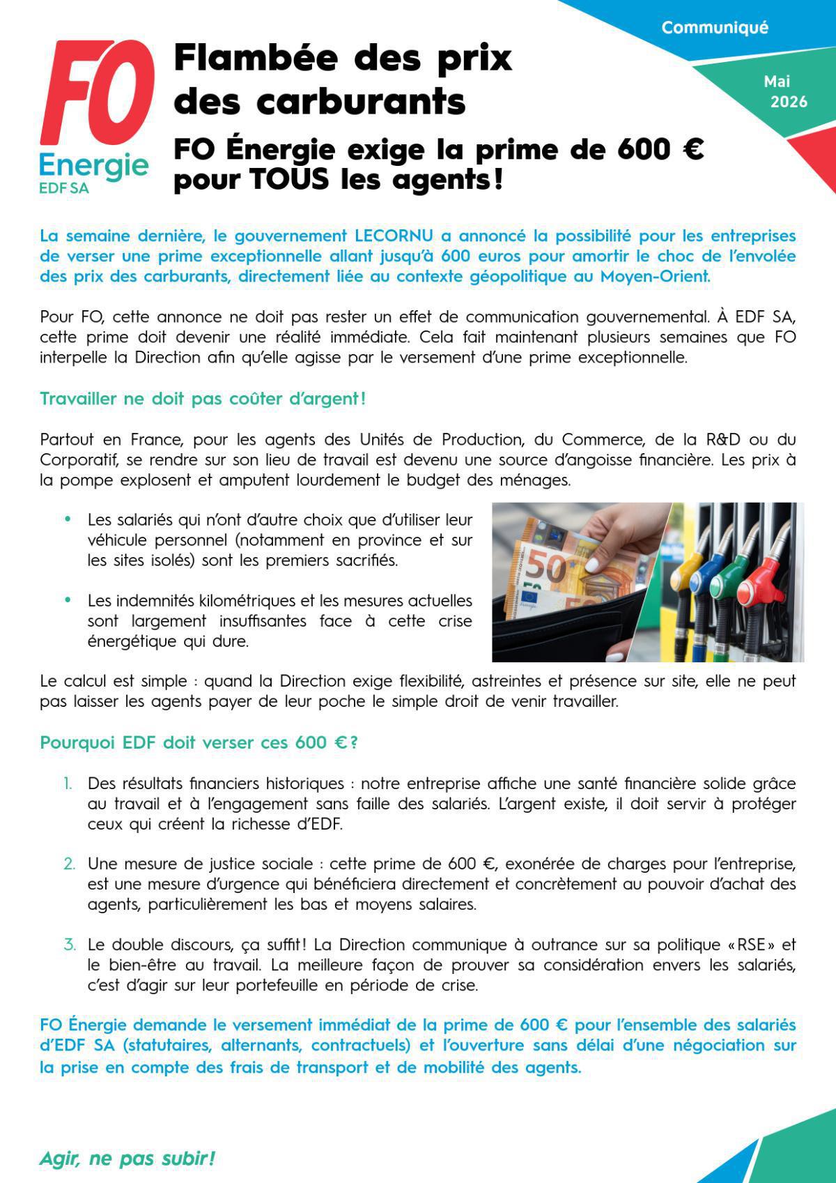 [EDF SA ]Flambée des prix des carburants : FO Énergie exige la prime de 600 € pour TOUS les agents !
