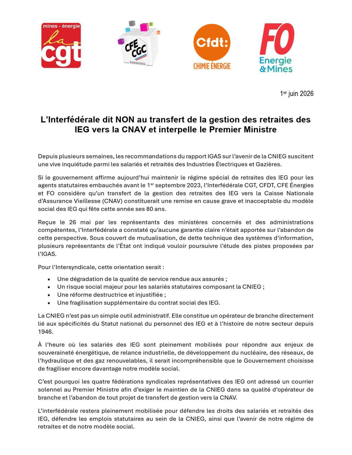 Communiqué intersyndical – L’Interfédérale dit NON au transfert de la gestion des retraites des IEG vers la CNAV et interpelle le Premier Ministre