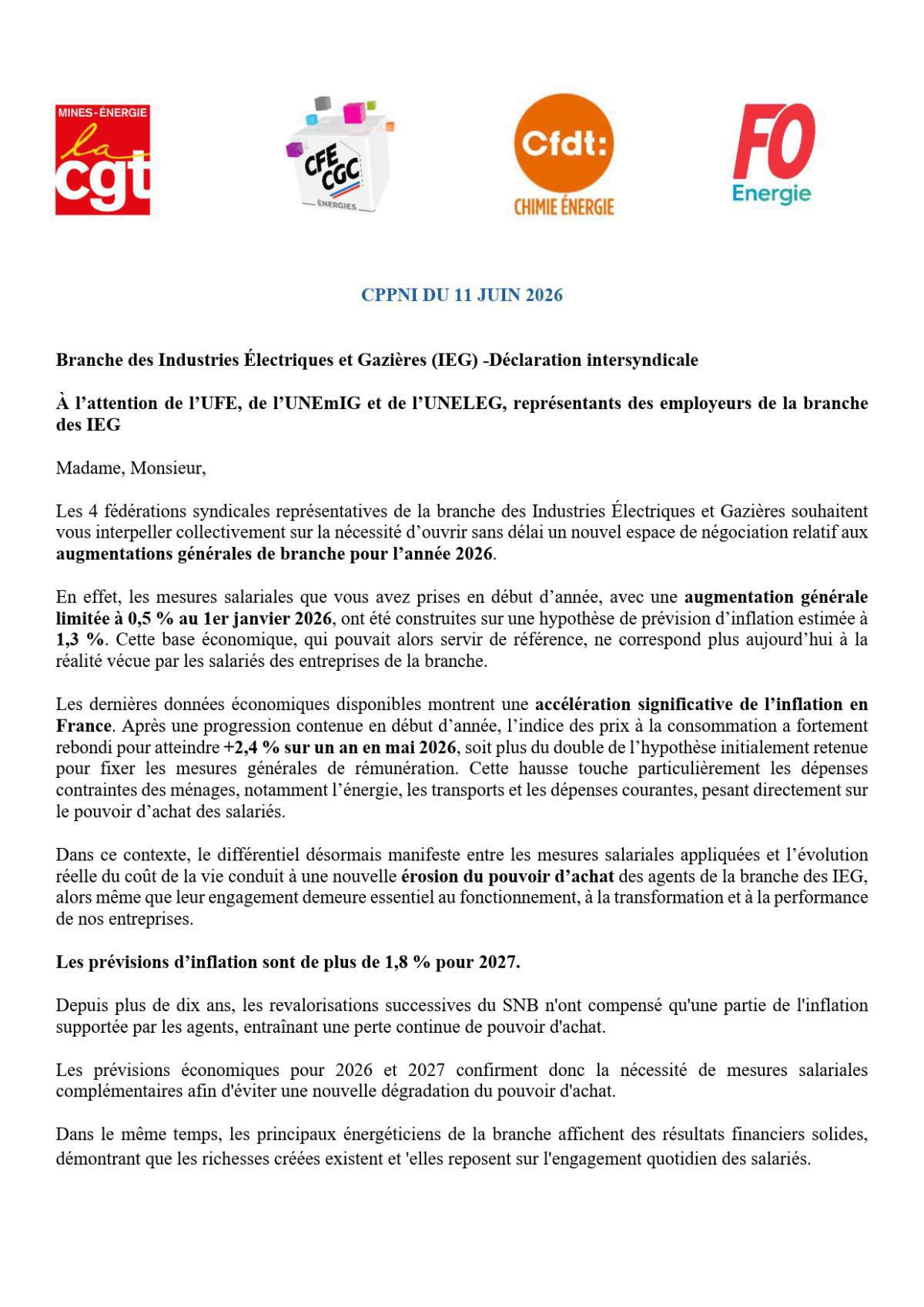 CPPNI Branche des IEG - Séance du 11 juin 2026 - Déclaration Intersyndicale