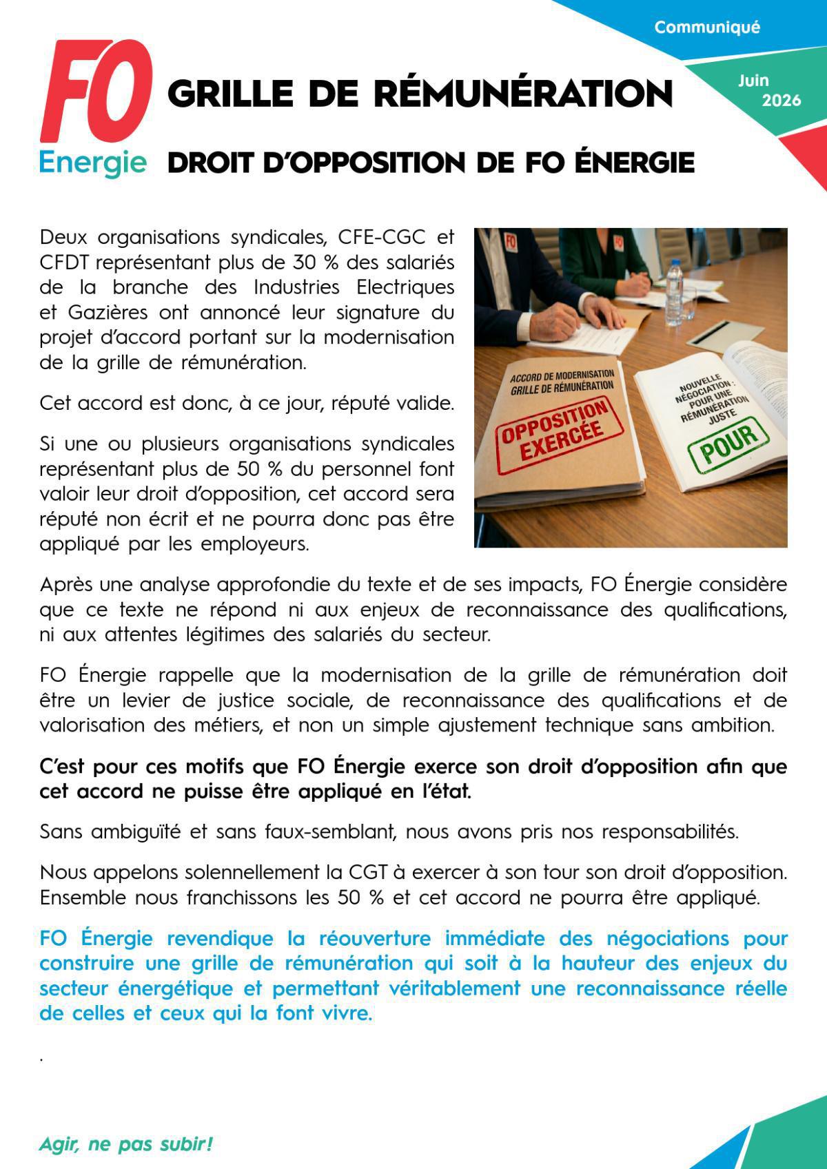 Grille de rémunération – Droit d’opposition de FO Énergie