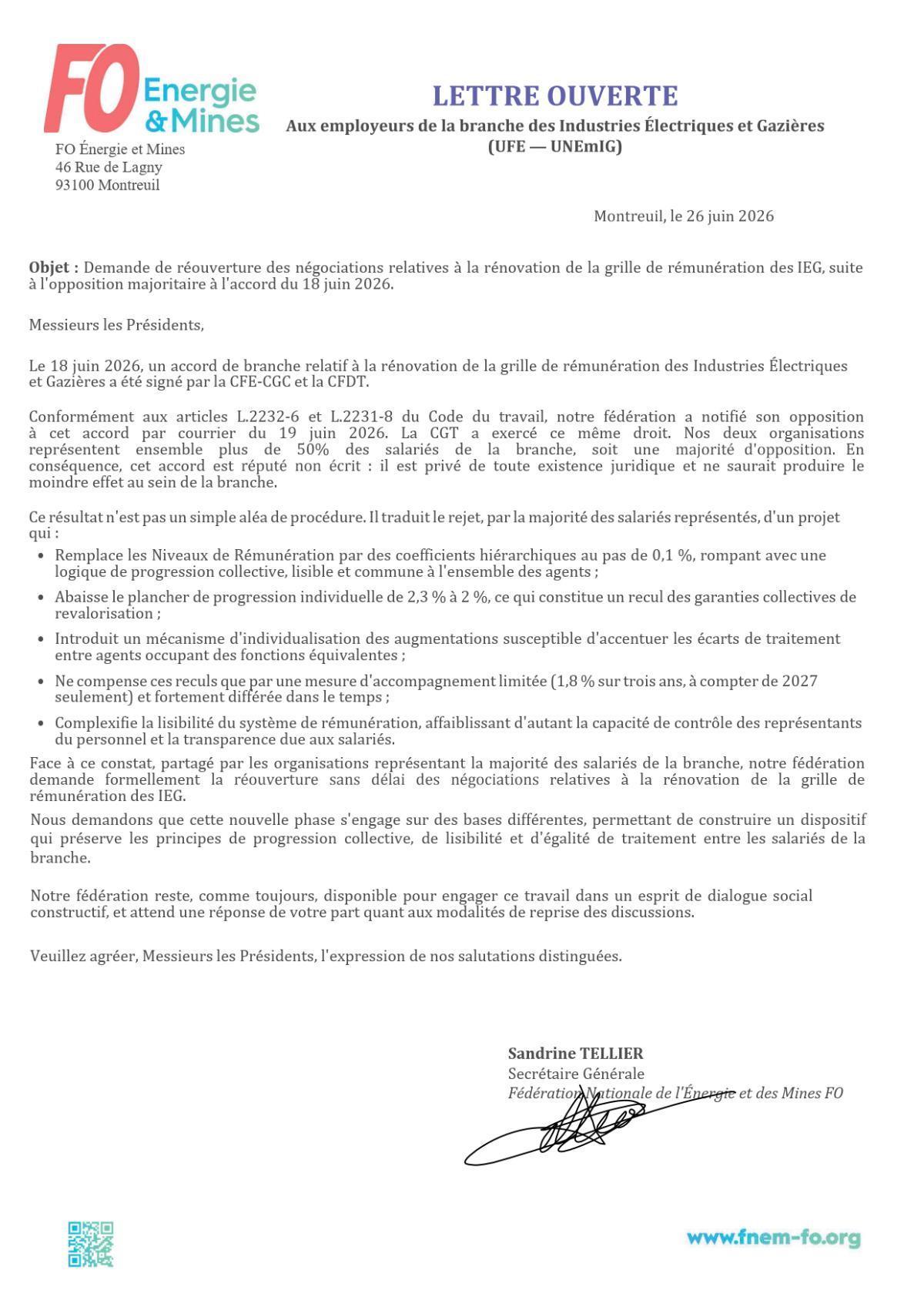 Lettre ouverte aux employeurs de la branche des Industries Électriques et Gazières (UFE – UNEmIG)