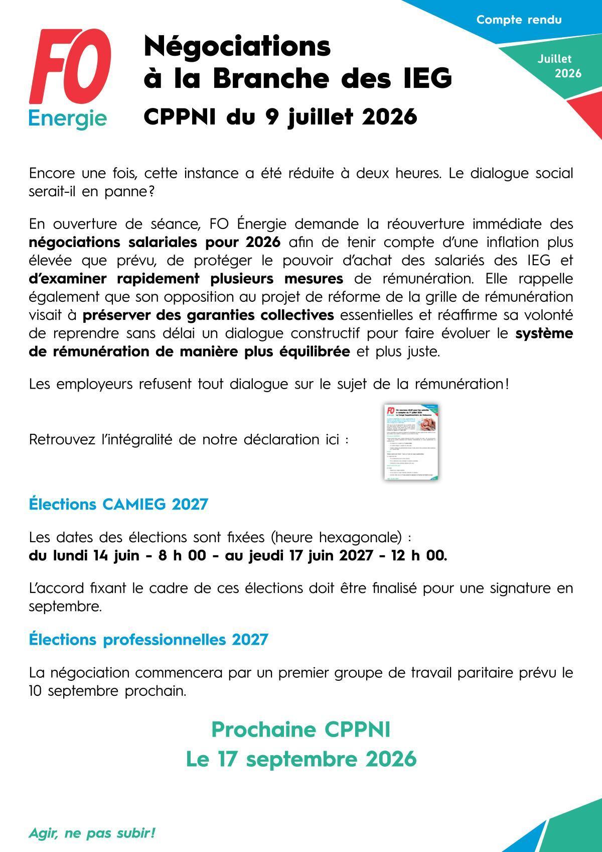 CPPNI Branche des IEG - Séance du 9 juillet 2026 - Election 2027 et déclaration sur les mesures salariales