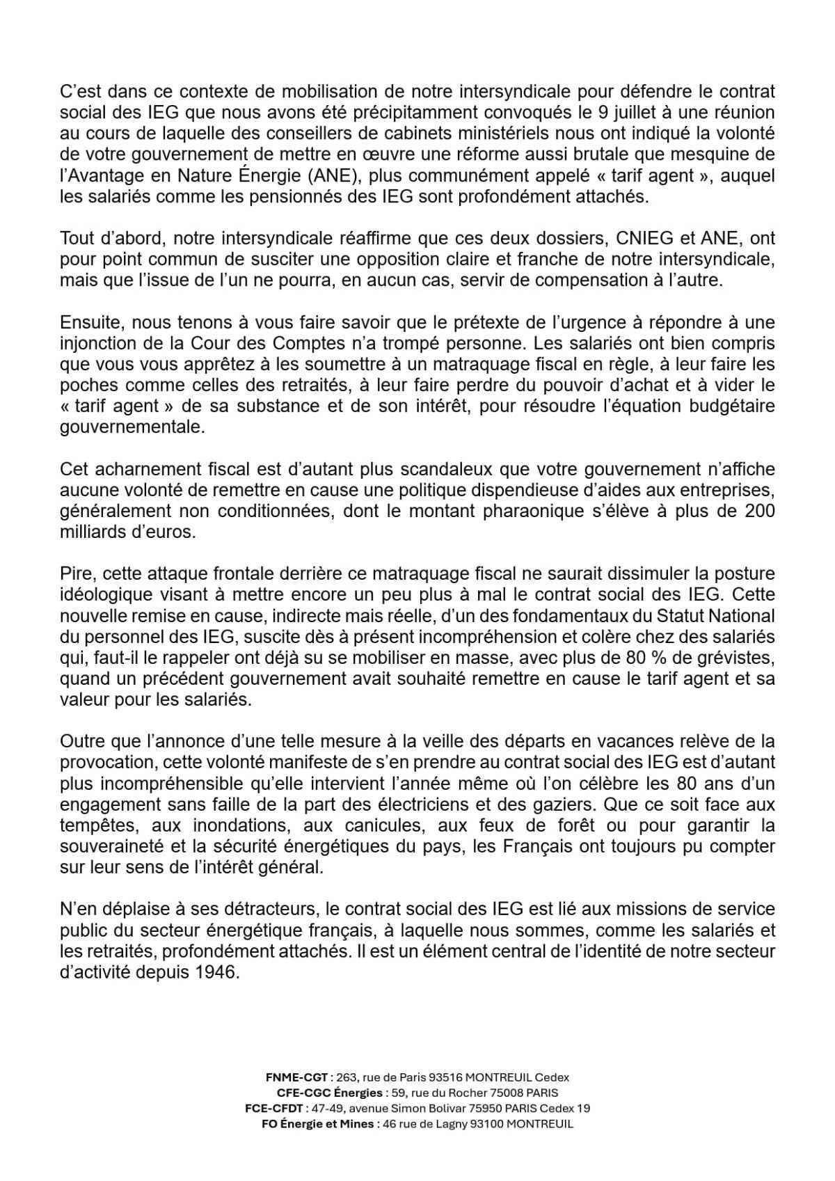 [Intersyndicale] Le Gouvernement s’attaque au Tarif Agent - Communiqué & Lettre au 1er ministre