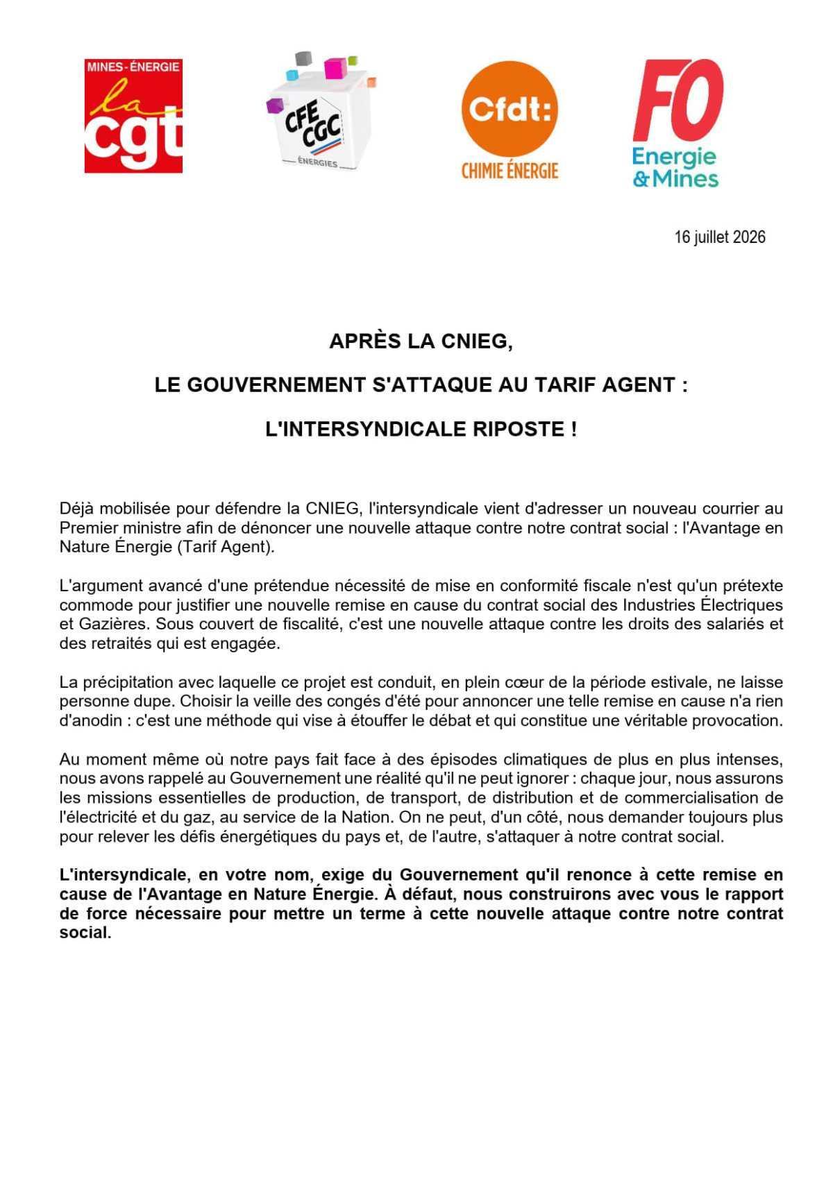[Intersyndicale] Le Gouvernement s’attaque au Tarif Agent - Communiqué & Lettre au 1er ministre