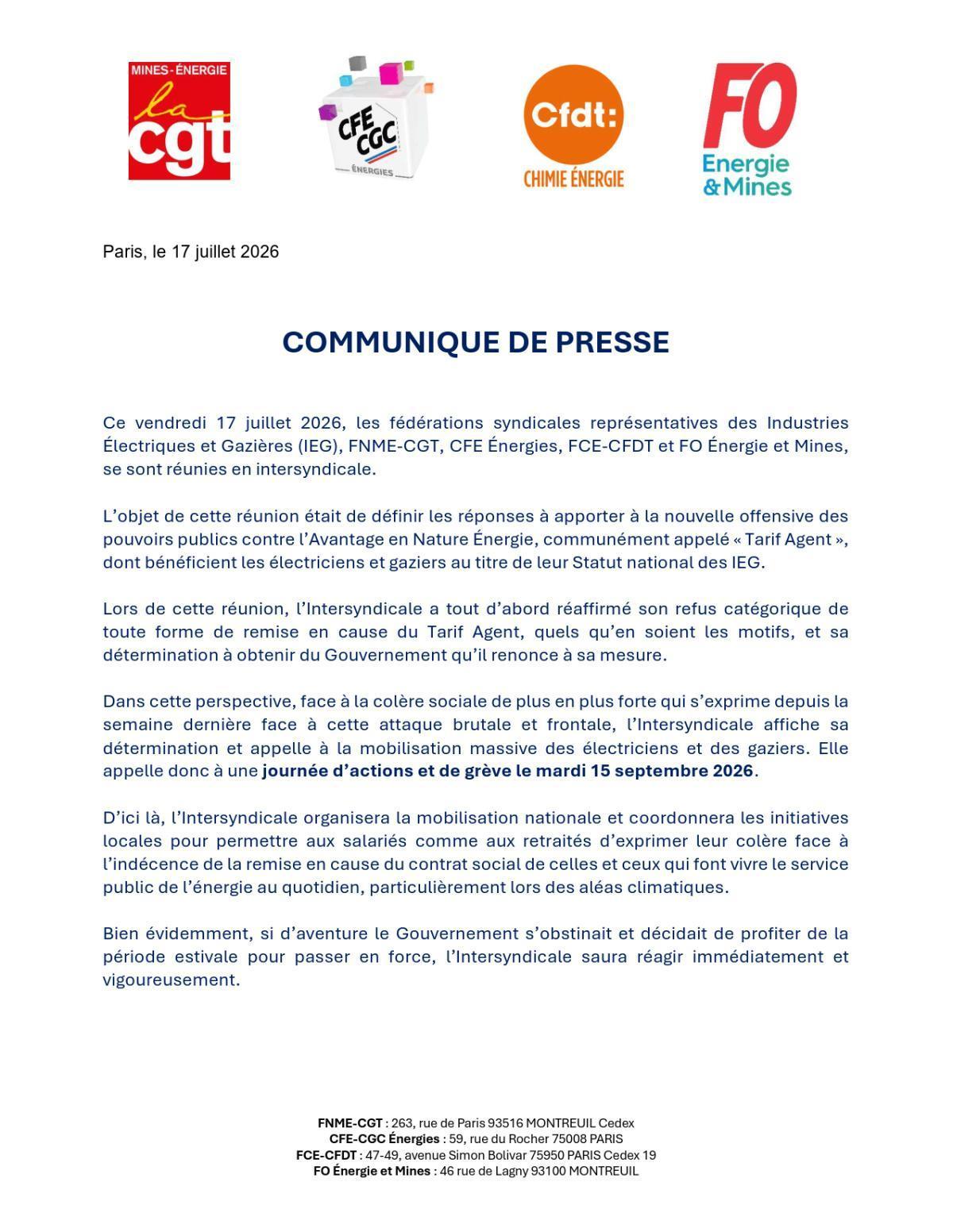 Tarif Agent : Journée d’actions et de grève le 15 septembre 2026