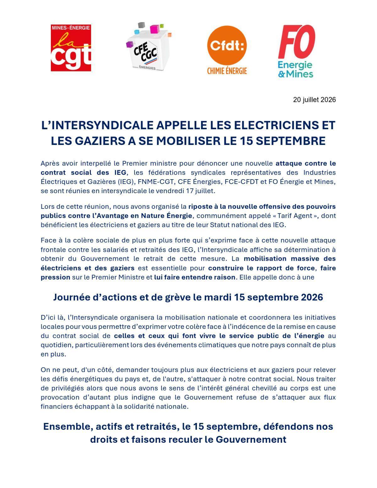 L’intersyndicale appelle les électriciens et les gaziers à se mobiliser le 15 septembre