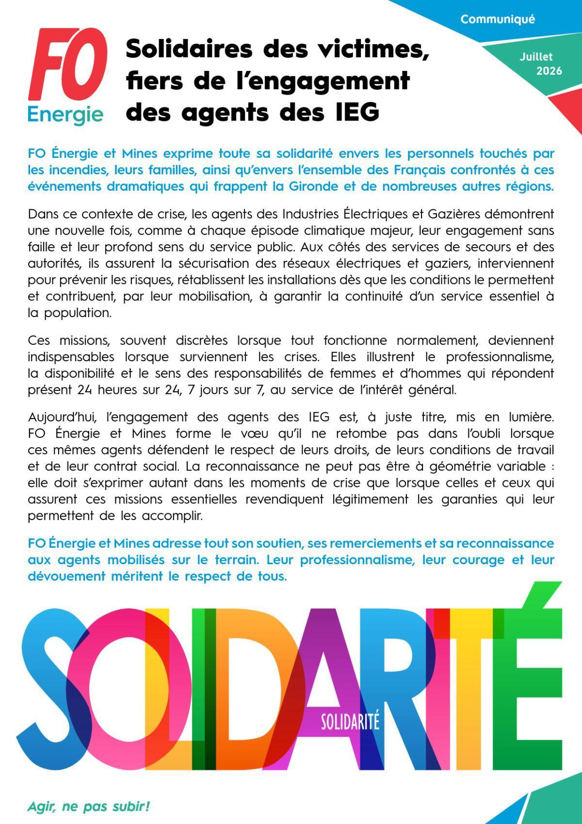 Solidaires des victimes, fiers de l’engagement des agents des IEG