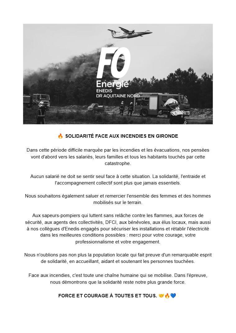 [FO Énergie AQN] 🔥 Solidarité face aux incendies en Gironde