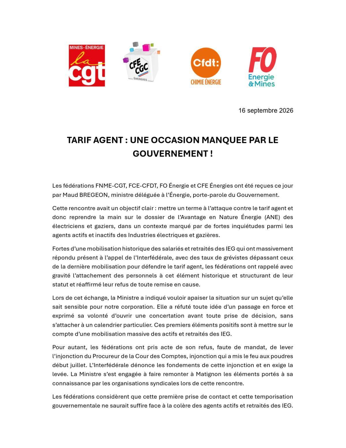 Intersyndicale – Tarif agent : une occasion manquée par le gouvernement !