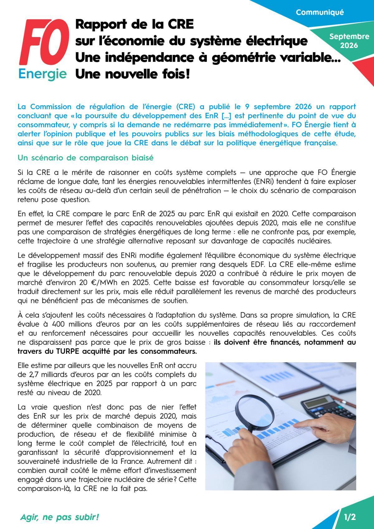 Rapport de la CRE sur l’économie du système électrique : une indépendance à géométrie variable… Une nouvelle fois !