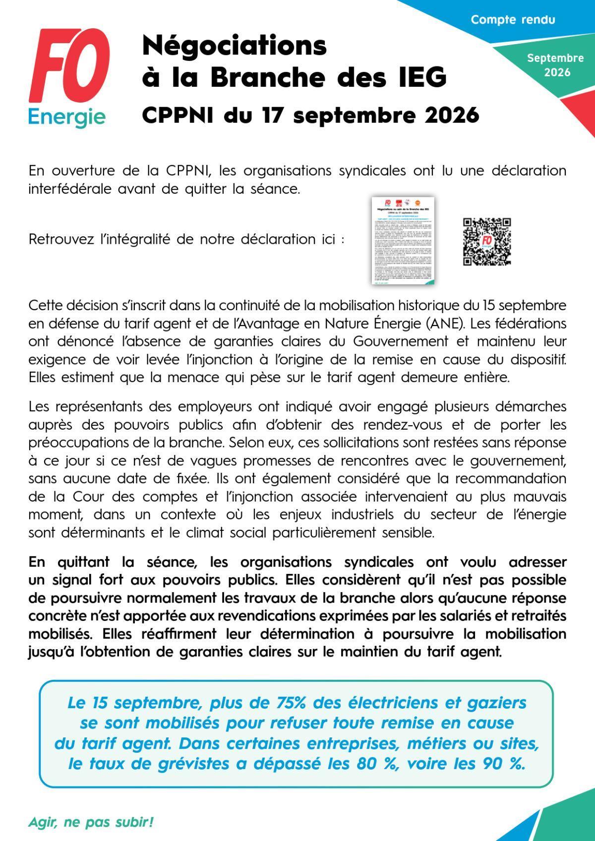 CPPNI Branche des IEG - Séance du 17 septembre 2026 - Négociations au sein de la Branche