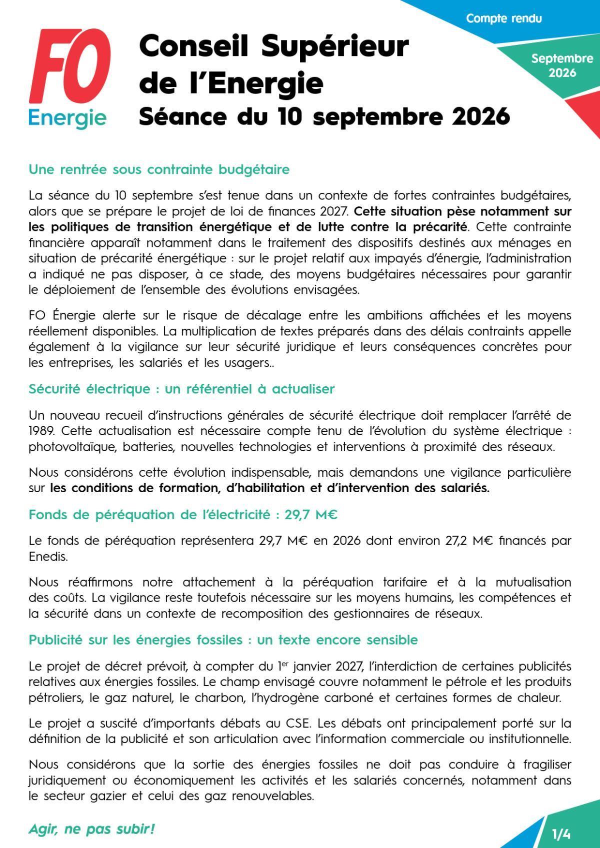 Conseil Supérieur de l’Énergie - Séance du 10 septembre 2026