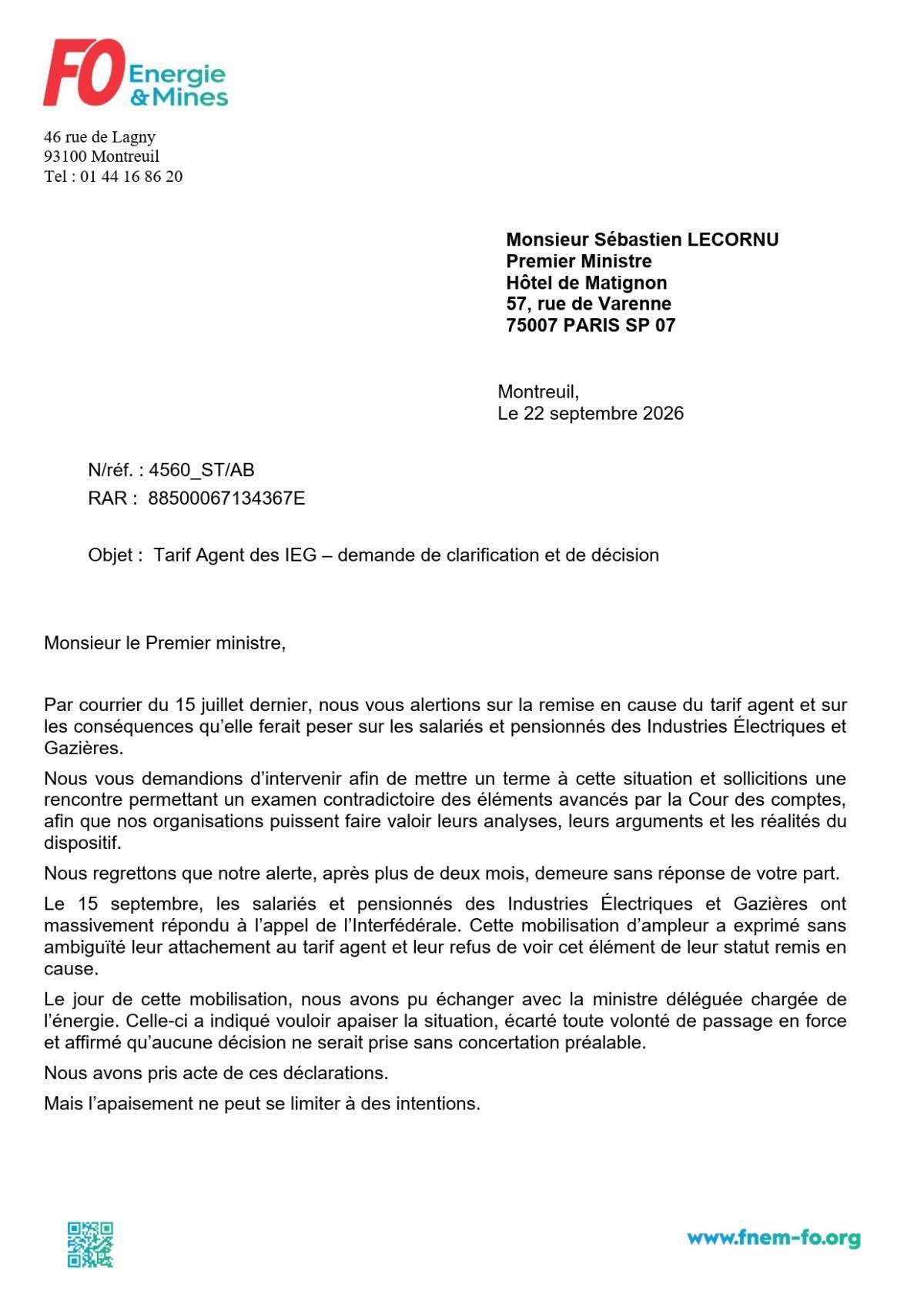 Tarif agent : après la mobilisation, FO Énergie interpelle le Premier ministre