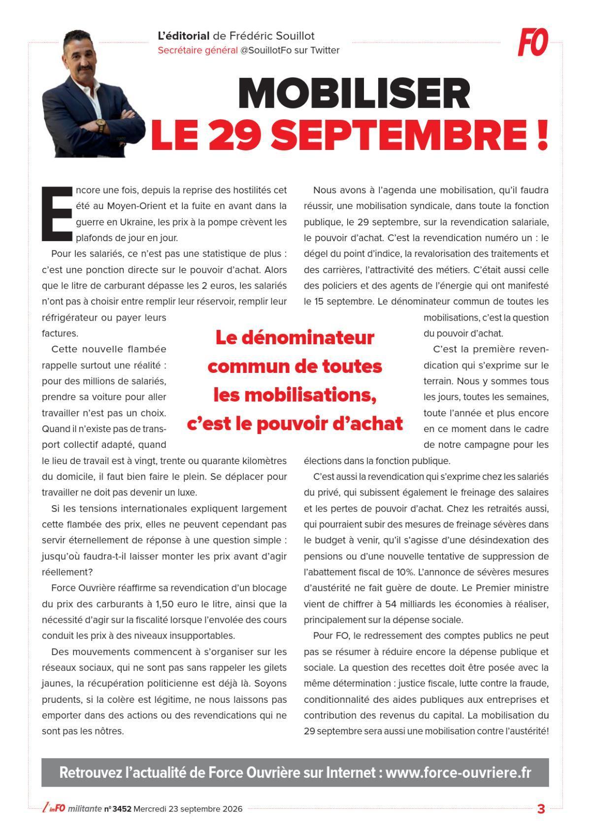 L’édito de Frédéric Souillot – Mobiliser le 29 septembre !