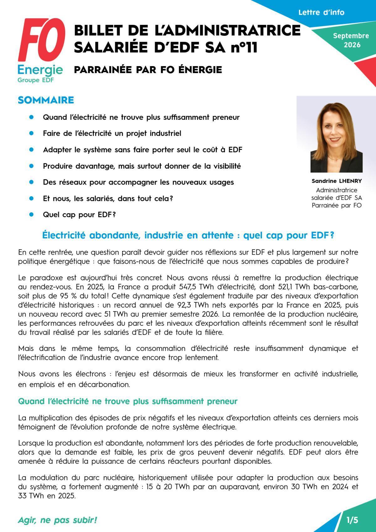 [EDF SA] Billet de l’Administratrice salariée d’EDF SA n° 11