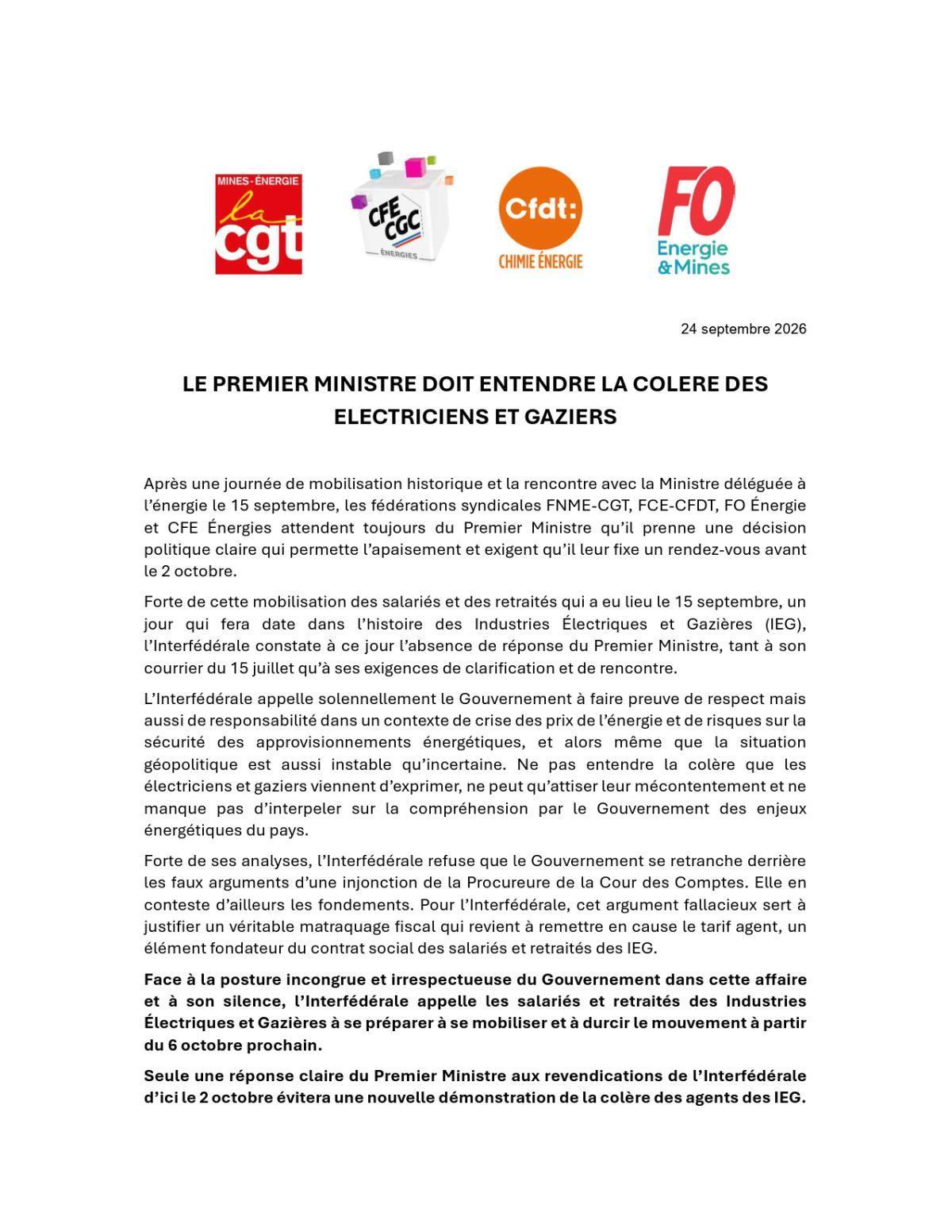 Interfédérale – Le Premier ministre doit entendre la colère des électriciens et gaziers