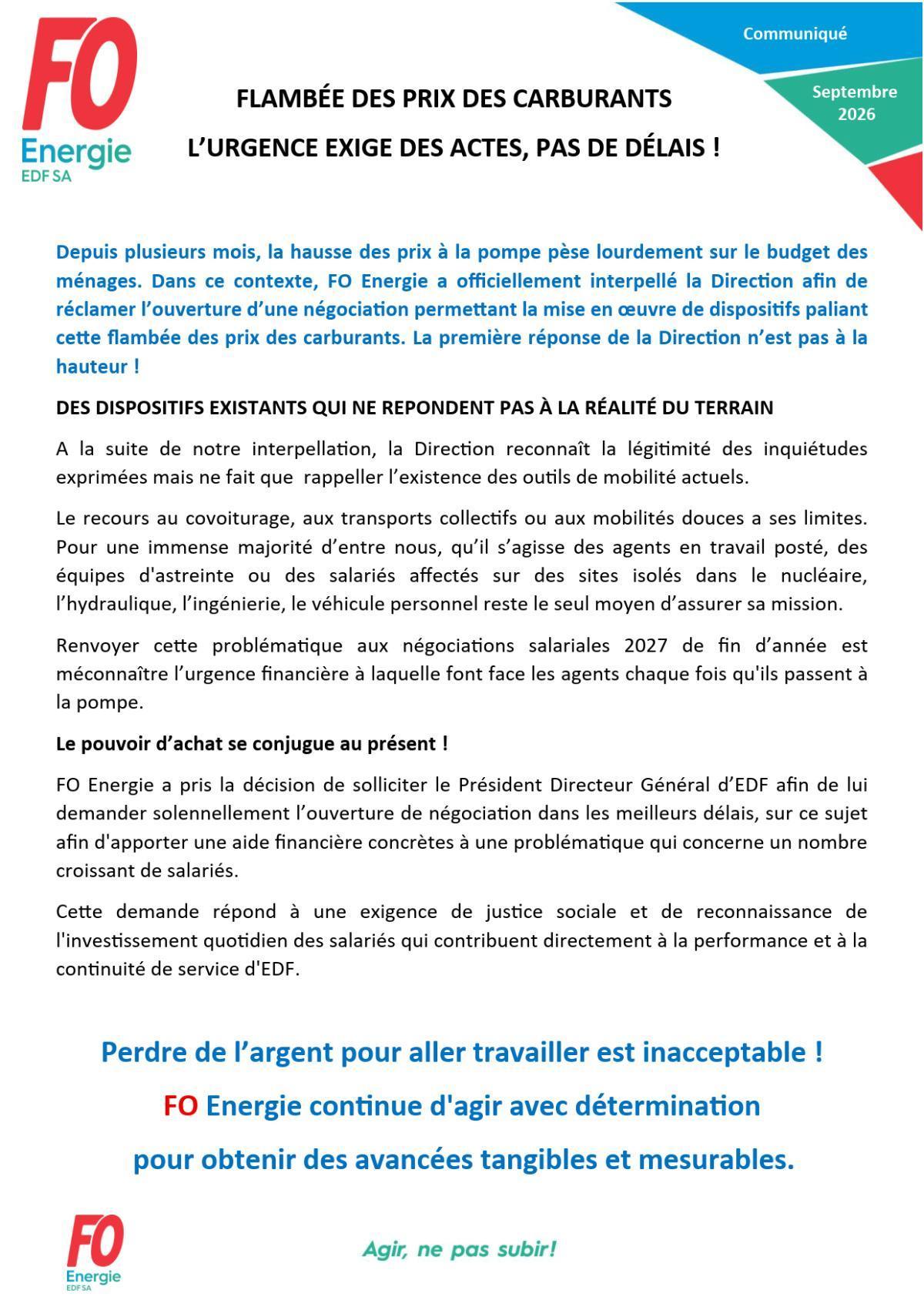 [EDF SA] Flambée des prix des carburants : l’urgence exige des actes, pas de délais !