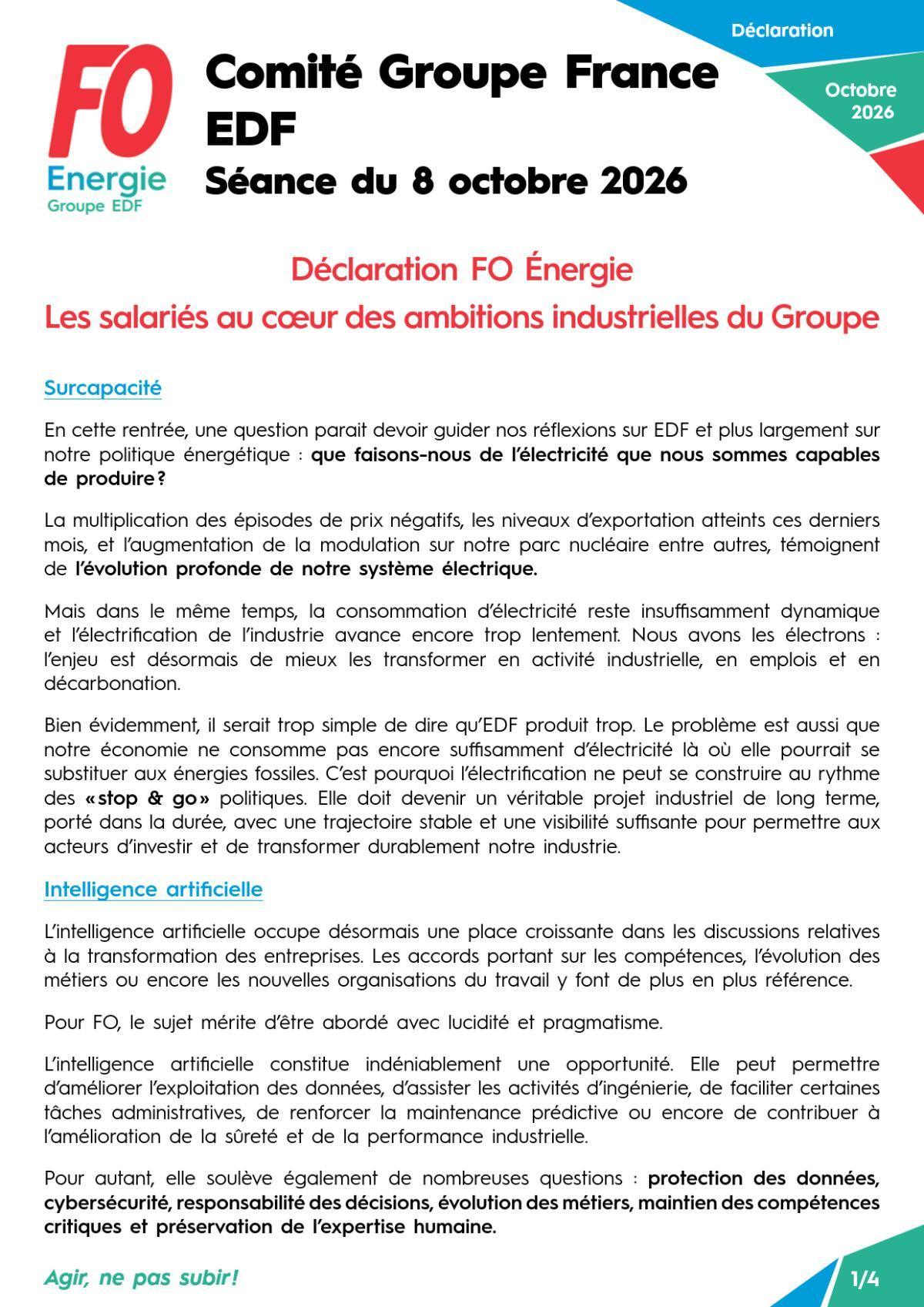 [EDF SA] Déclaration – Comité Groupe France EDF - Séance du 8 octobre 2026