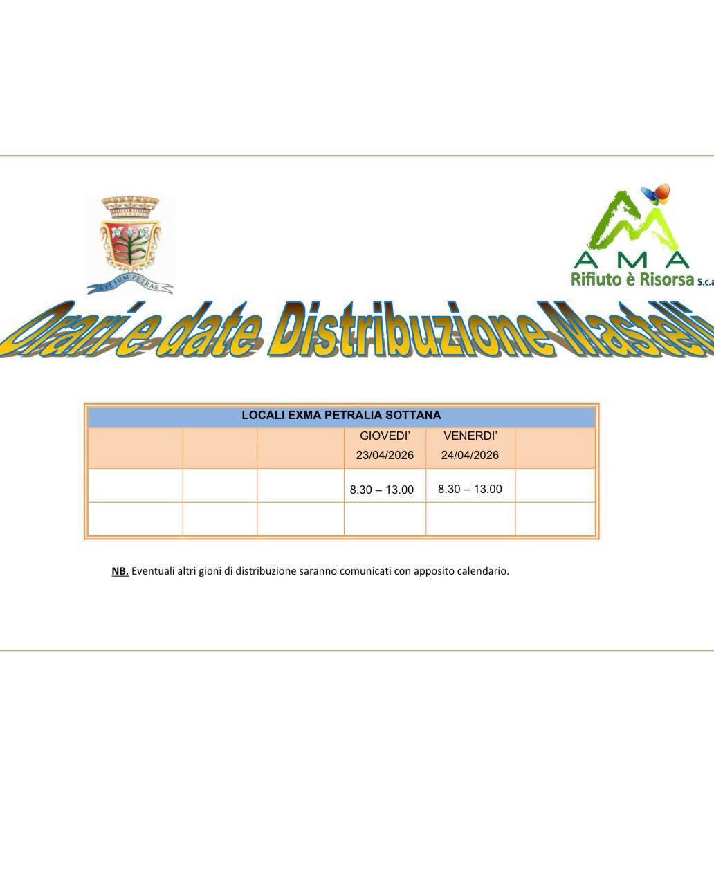 Distribuzione dei nuovi mastelli (dalle ore 8.30 alle ore 13.00)