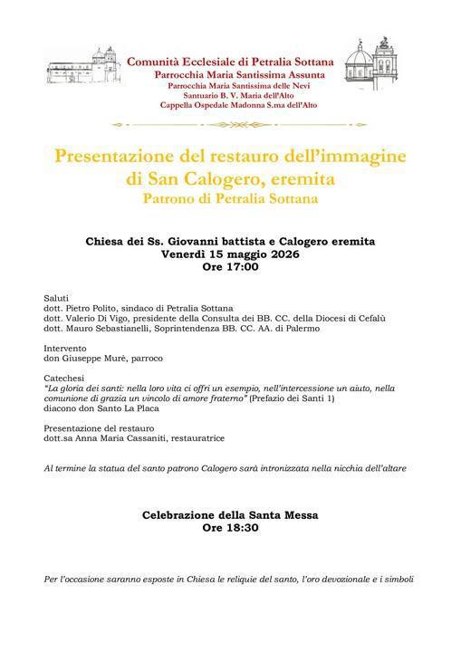 Presentazione del restauro dell'immagine di SAN CALOGERO, eremita Patrono di Petralia Sottana (inizio ore 17.00)
