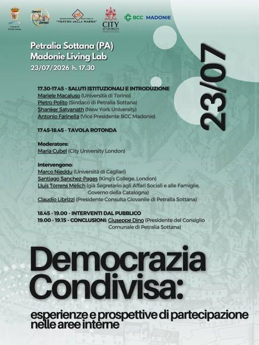 Tavola Rotonda "Democrazia Condivisa: Esperienze e Prospettive di Partecipazione nei Territori delle Aree Interne» (inizio ore 17.30)