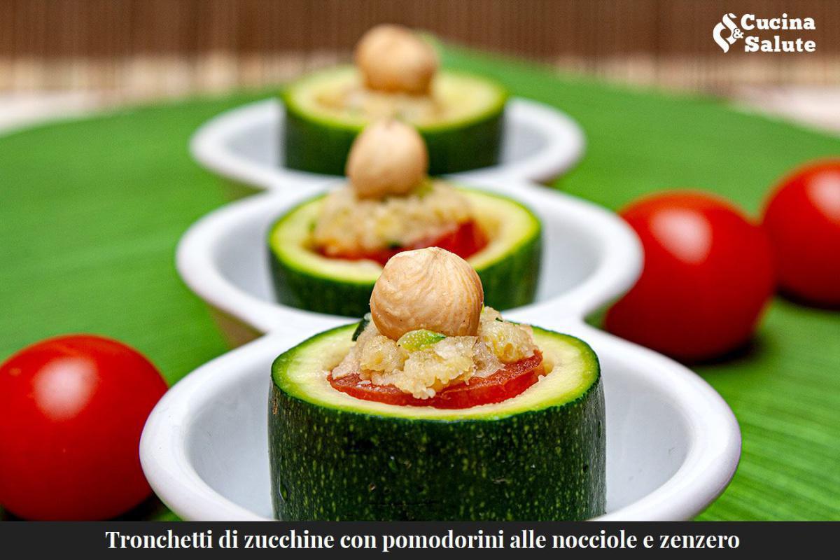 TRONCHETTI DI ZUCCHINE CON POMODORINI ALLE NOCCIOLE E ZENZERO....