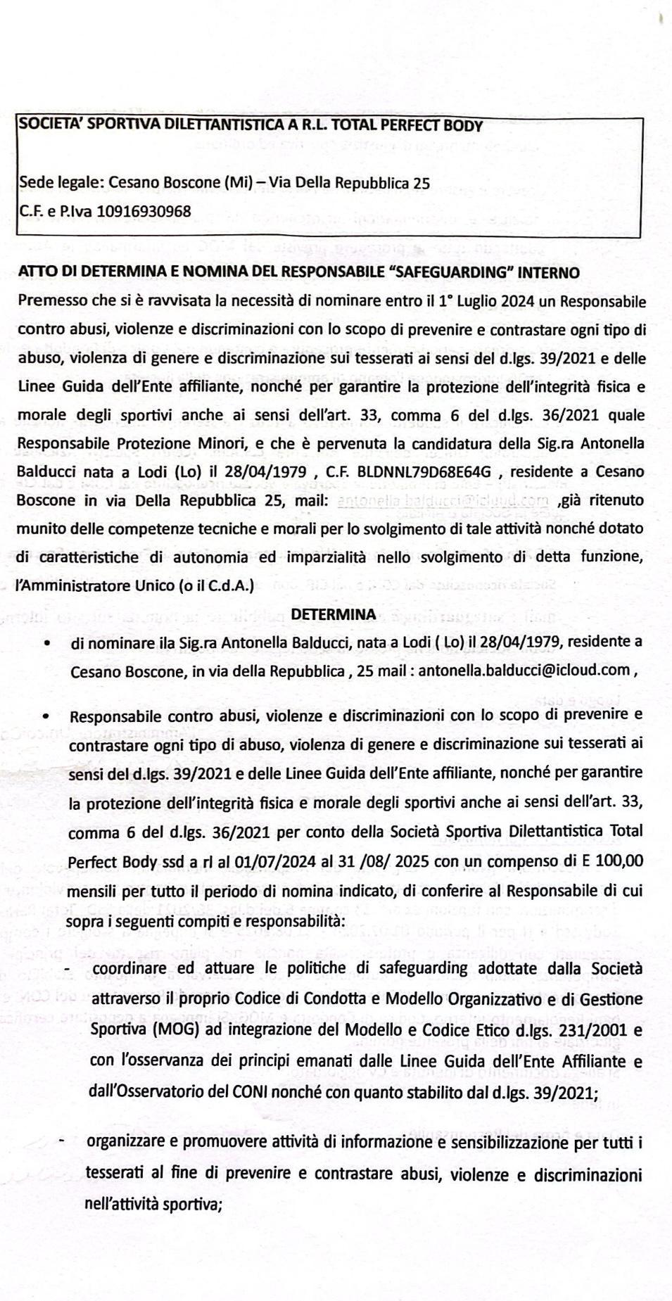 ATTO DI DETERMINA E NOMINA DEL RESPONSABILE "SAFEGUARDING"INTERNO SOCIETA' SPORTIVA TOTAL PERFECT BODY SSD A RL