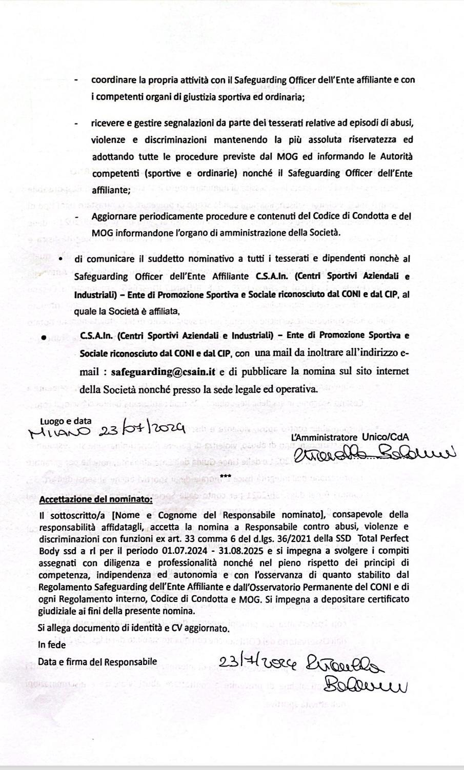 ATTO DI DETERMINA E NOMINA DEL RESPONSABILE "SAFEGUARDING"INTERNO SOCIETA' SPORTIVA TOTAL PERFECT BODY SSD A RL