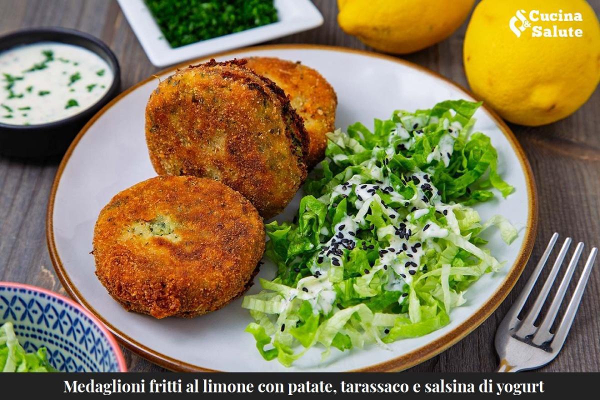 MEDAGLIONI FRITTI AL LIMONE CON PATATE TARASSACO E SALSINA DI YOGURT