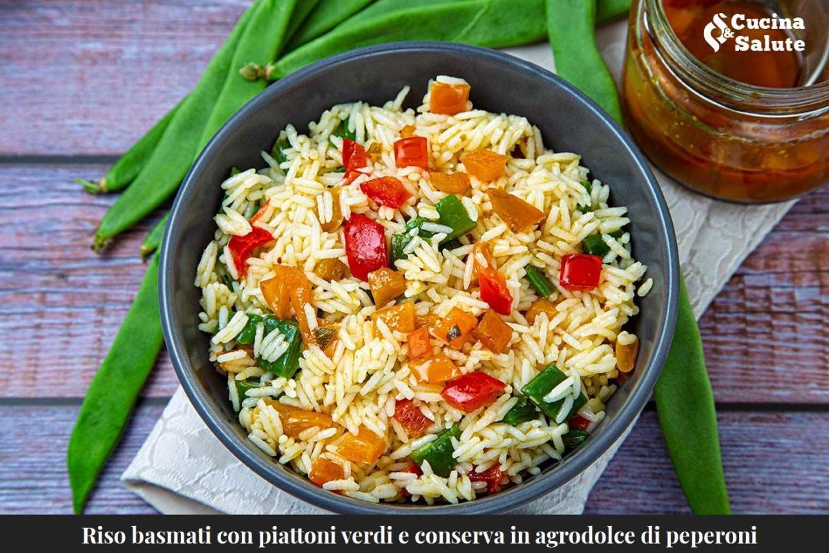 RISO BASMATI CON PIATTONI VERDI E CONSERVA IN AGRODOLCE DI PEPERONI...