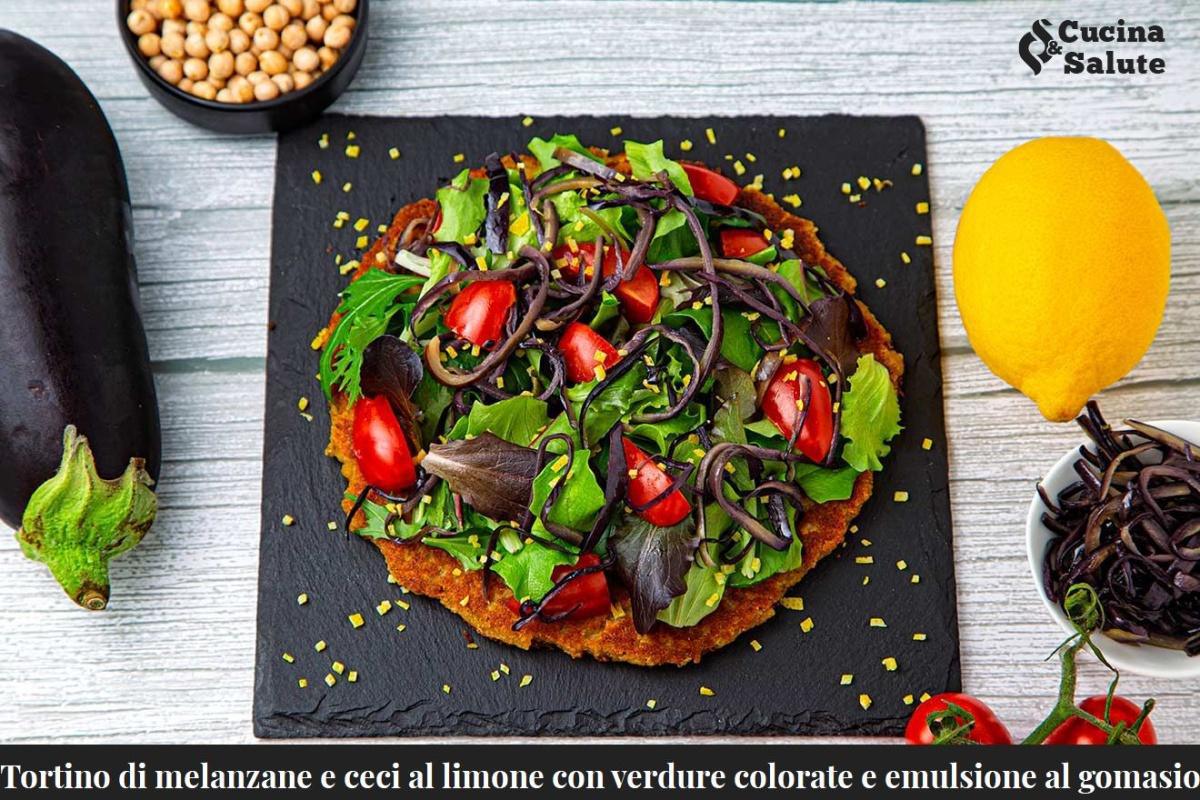 TORTINO DI MELANZANE CECI AL LIMONE CON VERDURE COLORATE E EMULSIONE AL GOMASIO...